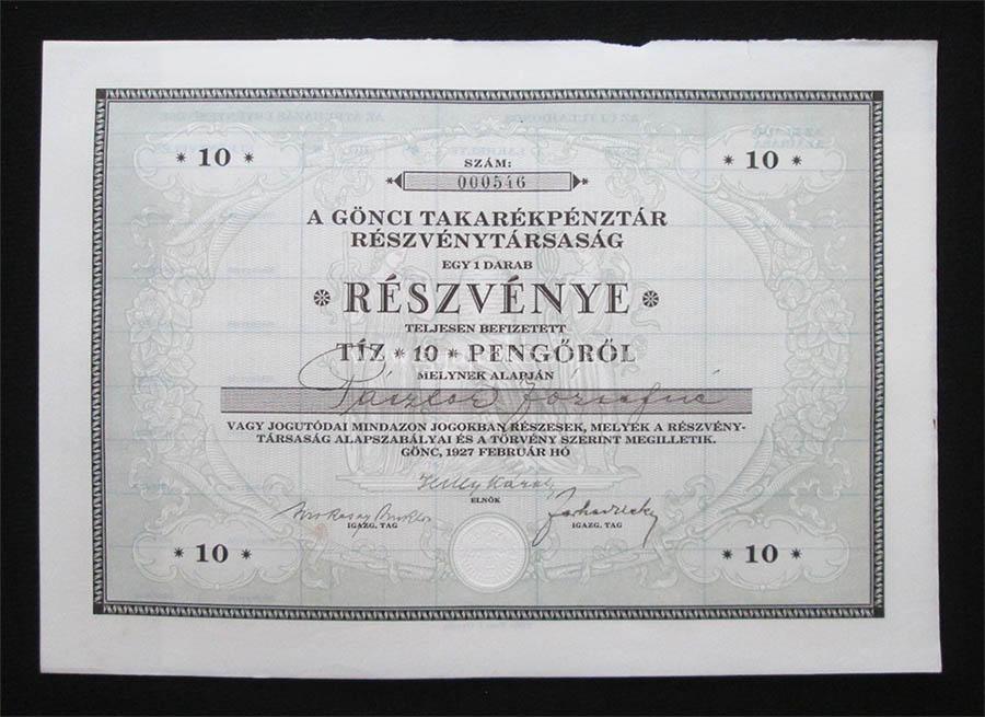 Gönci Takarékpénztár részvény 10 pengő 1927 - Gönc